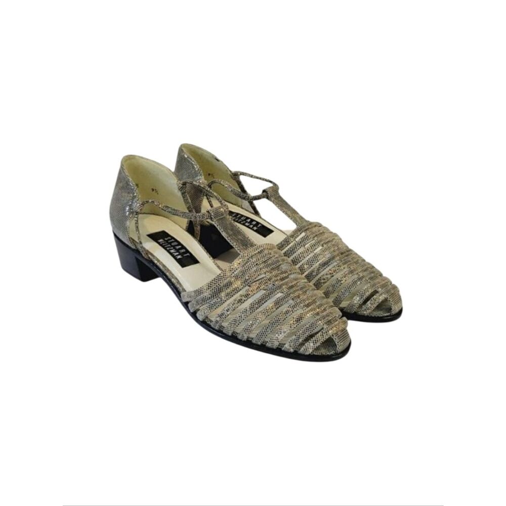 Stuart Weizmann Gold Animal Print Leather Block Heel T-Strap Sandals Size 9.5